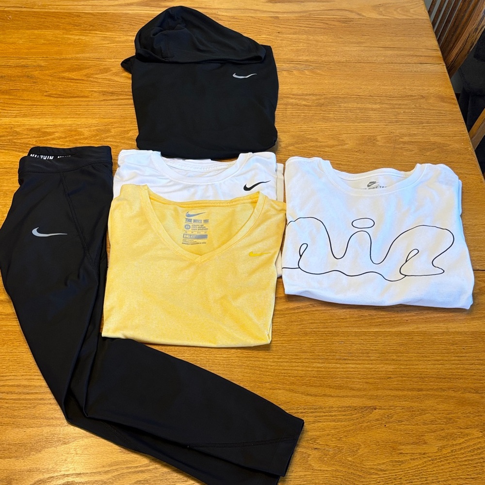 Nike Women’s 5 Piece Activewear Black Hoodie & Leggings with White / Yellow Tops - Picture 2 of 13